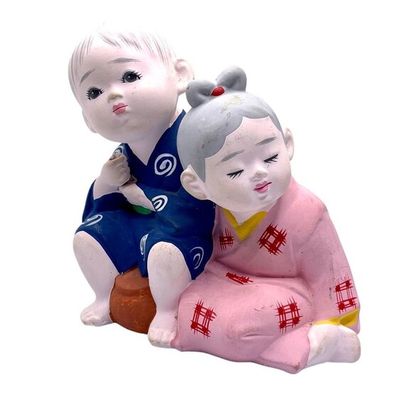 Japanese Figurines Hakata Doll Association Boy Girl Doll Resting Bisque Culture - Picture 1 of 12